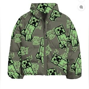 Minecraft Little and Big Boys Creeper Zip Puffer Jacket, Lightweight, Size 4/5